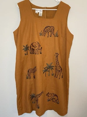 Vestido Betsys Things Bordado Mezcla de Lino Talla 18 Safari Animal Shift Teacher Foto 1 de 4