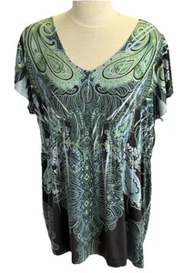 One World 3X Paisley Blue Green Print Embellished V- Neck Tunic Top - Picture 1 of 7