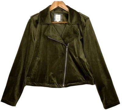Jaqueta de veludo Lauren Conrad grande camurça sintética motociclista motocicleta verde oliva macia G - Imagem 1 de 4