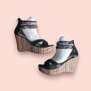 Get More Beauty Bohemian bunte Perlen Knöchelriemen Keilabsatz Stroh Sandalen Größe 7 - Bild 1 von 12