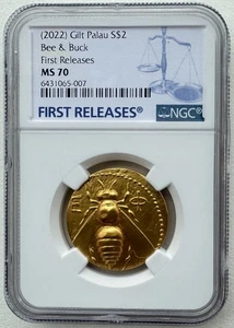 NGC MS70 Palau 2022 Engraved Ancient Greek Bee & Buck Gilt Silver Coin 15g - Picture 1 of 5