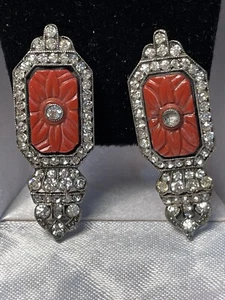 Gorgeous Antique Sterling Silver Etched Coral CZ Crystals Screw Back Earrings - Picture 1 of 6
