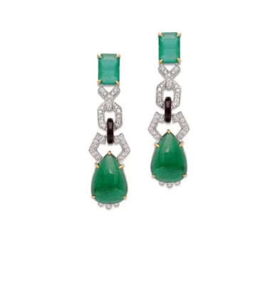 Cabochon Pear & Emerald Cut Green Emerald, Old Mine Cut CZ Antique Retro Earring — 第 1/3 张图片