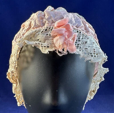Vintage 1920s Pink Silk Ribbon White Filet Lace Bow Trim Boudoir Bonnet Bed Cap - Image 1 of 4