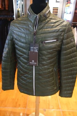 Chaqueta de cuero con cremallera de cuero de cordero acolchada edredón verde hito abrigo de coche motociclista Foto 1 de 4