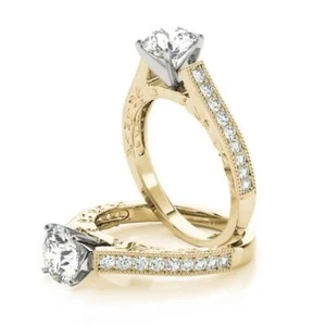 Forever One runder Moissanit Kathedrale Pave Diamant Verlobungsring Gelbgold - Bild 1 von 4