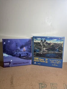 Puzzle Lot Of 2 Sealed Christmas Village And Notre Dame  - Picture 1 of 10