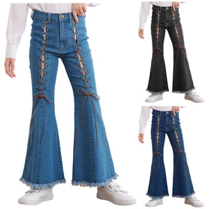Kids Girls Jeans Ruffled Pants Classic Trousers Travel Sweatpants Holiday Date - Picture 1 of 46