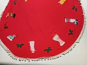 Vintage Red Felt Tablecloth Appliqued Christmas Shoes  Handmade 76 In Round Poms - Picture 1 of 15