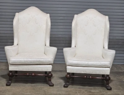 Pair of Baker Stately Homes Large Wing Arm Chairs in the Jacobean Style Damask - Image 1 of 4