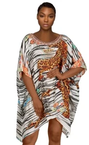 designer Animal print silk kaftan tunic embellished round neck holidays caftan  - Picture 1 of 4