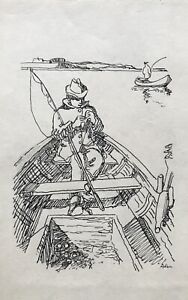 Karl Adser 1912-1995 Pêcheur Dans Bateau Bateaux de Pêche Lac Homme Danemark