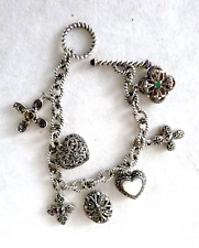 925 Sterling Silver & Gemstones Charm Bracelet Hearts & Crosses Motif 39.5 Grams