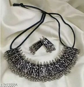 Conjunto de joyería india de diseñador collar gargantilla oxidada de plata estilo Bollywood - Imagen 1 de 2