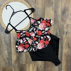 Shein Floral One Piece Swimsuit Plus Size 2xl Sheer Side Panels Black Red