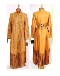 Mujeres Vaquera Cuero Marrón Maxi Flecos Cuentas Nativas Americanas Occidentales - Imagen 1 de 2