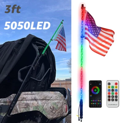 Para Yamaha Raptor 700R 700R 1X 3 pies RGB Espiral LED Luces Látigo Antena con Bandera de EE. UU. Foto 1 de 4