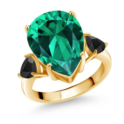 8.97 Ct Green Nano Emerald Black Onyx 18K Yellow Gold Plated Silver Ring - Image 1 of 4