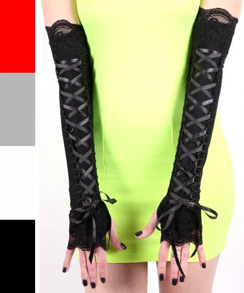 Womens Lace Up Long Corset Gloves Black Elbow Length Fingerless Gloves Gothic OS - Image 1 of 4