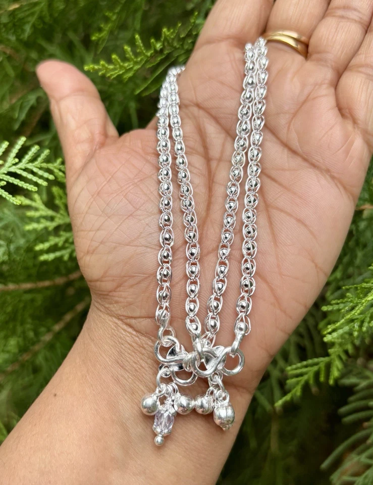 2 Pc 999 Silver Light Weight Hollow Flexible Anklet Payal, 16 gm, 10.5 inch - Image 1 of 4