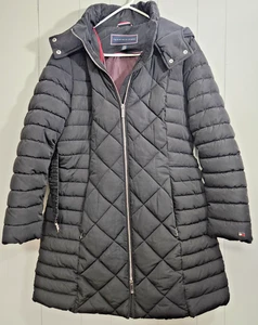 Women's Tommy Hilfiger Hooded Puffer Coat w/Pockets/Zips/Belt - LG - Black - Picture 1 of 11