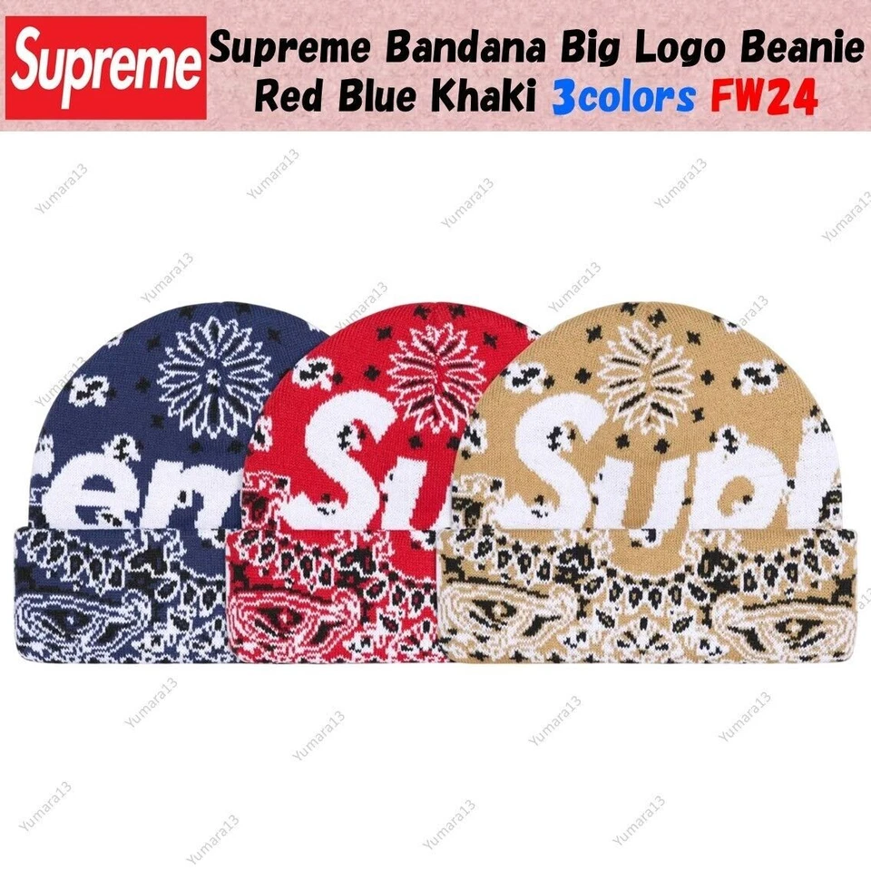 Bonnet Bandana Supreme Big Logo Rouge Bleu Kaki 3 couleurs FW24 - Photo 1/2