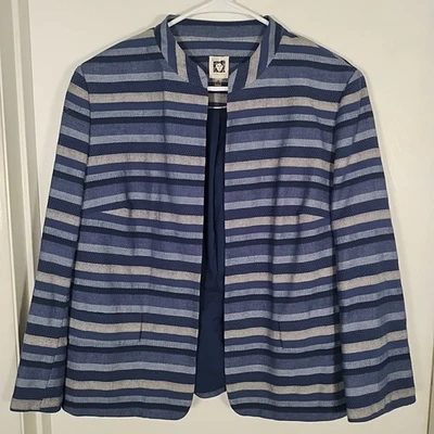 Chaqueta Blazer Anne Klein Para Mujer 16 Frente Abierto Azul Manga 3/4 Rayas Forrada Foto 1 de 4