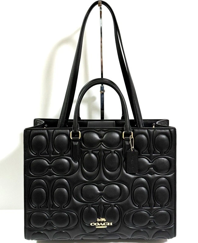 COACH Maggie Tote Bag In Signature Black Leather Shoulder Bag CY672