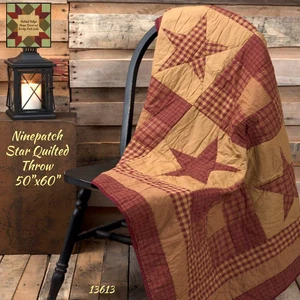 Ninepatch Burgundy/Khaki Star Quilted Throw 60x50 - Picture 1 of 2