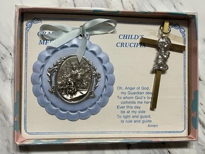 Vintage Cradle Medal And Crucifix Guardian Angel Blue Ribbon - Image 1 of 4
