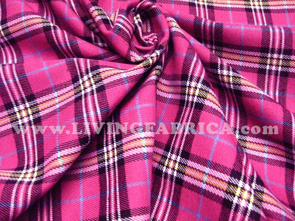 Plaid Scottish Tartan Woven Cotton Fabric Material Kilts Skirts Magenta Pink - Image 1 of 2