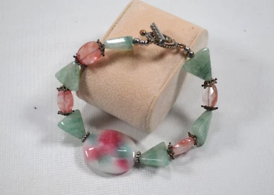 Chunky Faux Stone Beaded Bracelet Green & Pink Faceted Beads 9" - Image 1 of 4