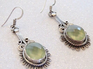 Checkerboard Faceted Oval GREEN QUARTZ Sterling Silver 925 DANGLE EARRINGS 1.8" - Picture 1 of 7