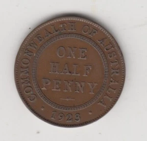 Coin 1923 Australian 1/2d half penny in very fine 6 pearl condition, scarce - Imagen 1 de 2