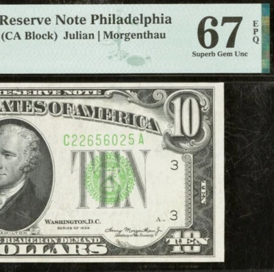 1934 $10 FRN Philadelphia - PMG 67EPQ - Top Pop - Highest Graded LGS - Fr 2005-C - Image 1 of 4