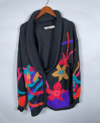 Cárdigan alargado floral mezcla mohair de colección para mujer grande negro chal cuello lana Foto 1 de 4