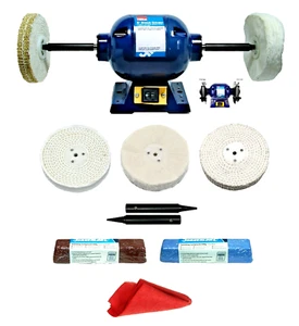 375W Bench Grinder + Aluminium Alloy Polishing Kit 6" x 1" Mops 500gm Bars - Picture 1 of 10