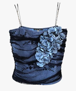 LILLIE RUBIN VTG Size Medium Blue Black Sleeveless Crystal Strap 3-D Flower Top - Picture 1 of 11