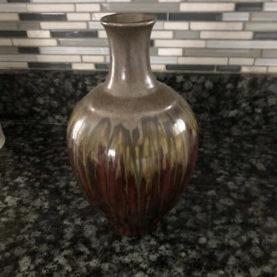 "Florero vintage Pier 1 Imports esmalte por goteo 12"" marrón verde dorado borgoña" Foto 1 de 4