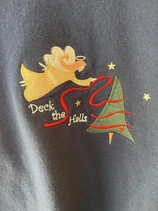 Weihnachtssweatshirt Damen XL marine rot Engel gold silber Baum "DECK THE HALLS" - Bild 1 von 7