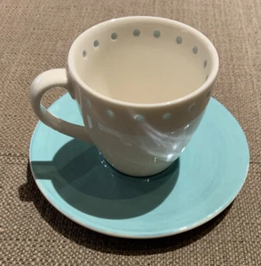 2005 Starbucks White Tea Coffee Cup Mini Mug & Blue Saucer - Picture 1 of 8