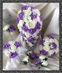Wedding Flowers Ivory/Lilac Crystal Bouquet Bride/Bridesmaids/Buttonholes - Picture 1 of 15