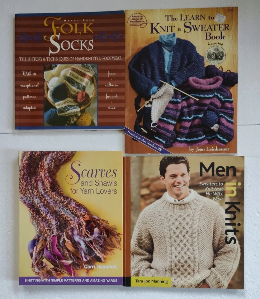 KNITTING PATTERN BOOK LOT (4) ~ SOCKS, LEARN HOW, SCARVES, SWEATERS, FOR MEN - Image 1 of 2