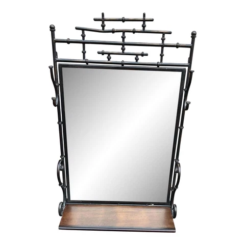Vintage 1990s Brown Faux Bamboo Metal Hall Mirror With Hooks Cover