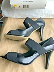 Nine West LADRON Wide Elastic Strap Open Toe Pumps BLACK PATENT LEATHER 12M - Picture 1 of 12