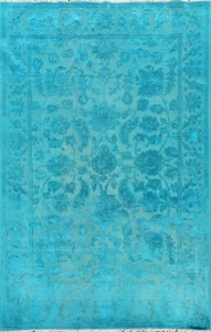 Alfombra de área tallada en tinte vegetal Aqua Oushak-Chobi nivel bucle pila anudada a mano 5x7 - Imagen 1 de 12