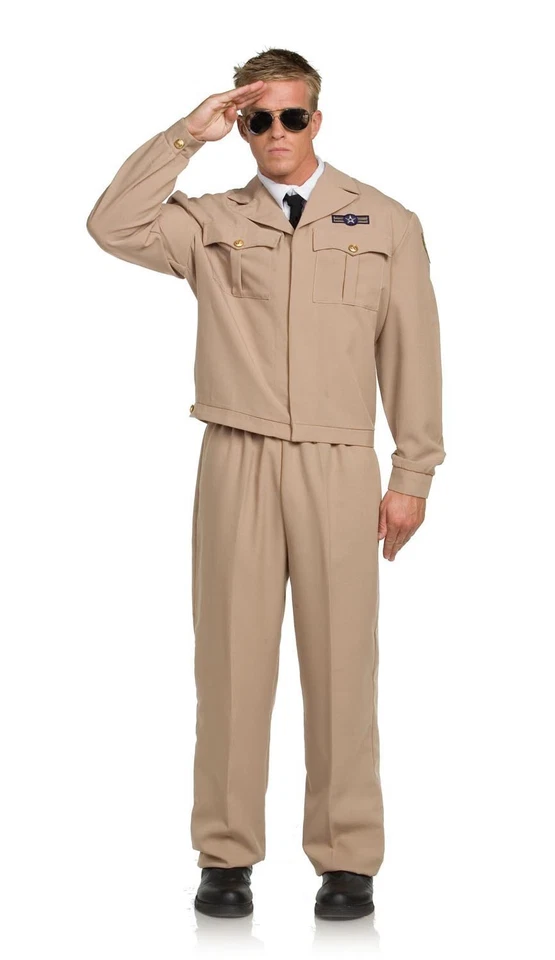 WWII Air Force Uniform Costume 4 Pc Khaki Pts "Ike" Jacket Shirt Front & Hat OS - Image 1 of 1