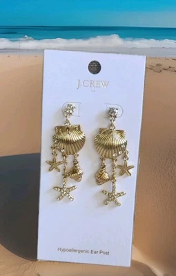 J.Crew Seashell & Starfish Dangly Cubic Zirconia Gold Plated Brass Earrings NWT - Image 1 of 4