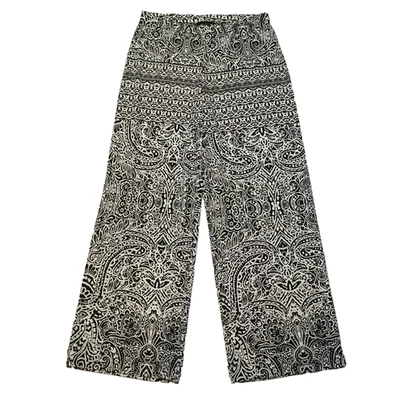 Pantalones de salón AB Studio para mujer M pierna ancha fluidos negros blancos boho tropicales elásticos Foto 1 de 4