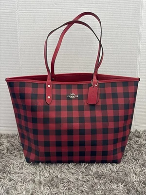 Bolso de Mano Coach Rojo Ciudad a Cuadros Reversible Cartera Boho Preppy Foto 1 de 4